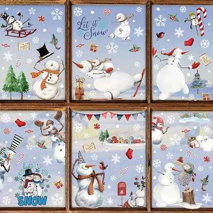 Christmas Window Clings Snowman & Snowflake Sheets – 9 PVC Static Decals 7.8 x 11.8 in