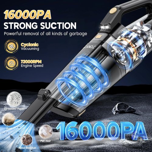 JONYJ Cordless Handheld Vacuum - 16000PA Strong Suction, Portable & Rechargeable with Multi-Nozzles & LED Light