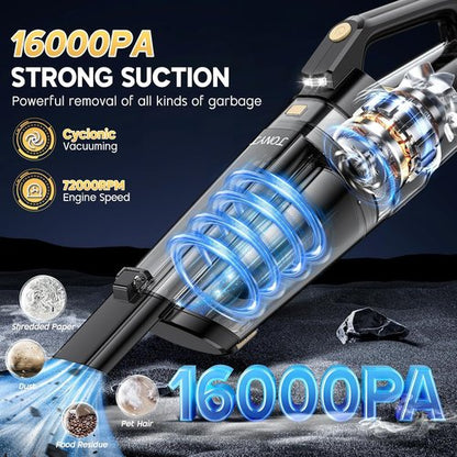 JONYJ Cordless Handheld Vacuum - 16000PA Strong Suction, Portable & Rechargeable with Multi-Nozzles & LED Light