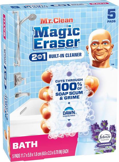 Mr. Clean Magic Eraser Sponge - Powerful Bathroom Cleaner with Febreze Lavender Scent | 5 Count