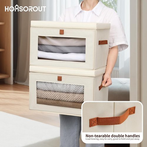 Homsorout Large Closet Storage Bins - Collapsible Clothing Organizer with Handles & Lids | 6 Pack Beige