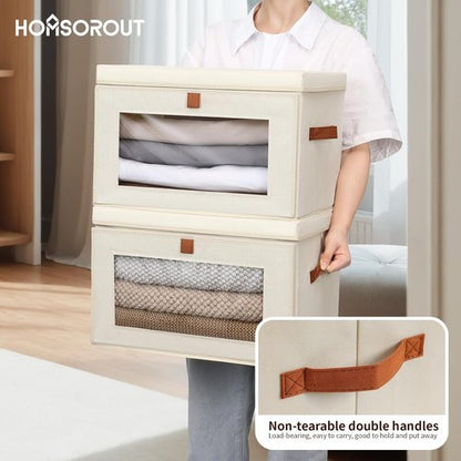 Homsorout Large Closet Storage Bins - Collapsible Clothing Organizer with Handles & Lids | 6 Pack Beige