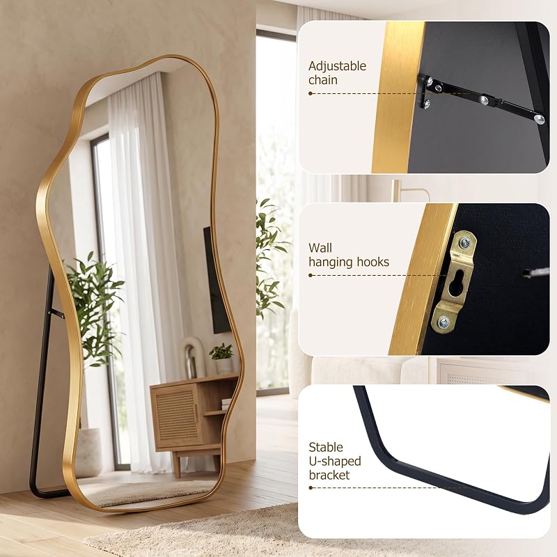 Irregular Full Length Floor Mirror 62.2" x 22.8" with Gold Frame – Wavy Modern Design, 1:1 Reflection