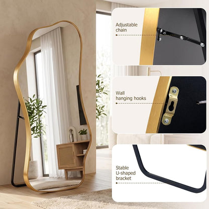 Irregular Full Length Floor Mirror 62.2" x 22.8" with Gold Frame – Wavy Modern Design, 1:1 Reflection