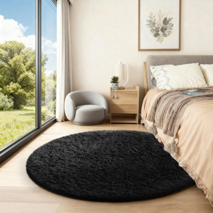 Ophanie Round Rug 4Ft Black Circle Area Rug, Room Decor for Men, Fluffy Fuzzy Bedroom Carpet, Plush Soft Shaggy Living Room Rugs for Kids Home Decor Aesthetic, Nursery