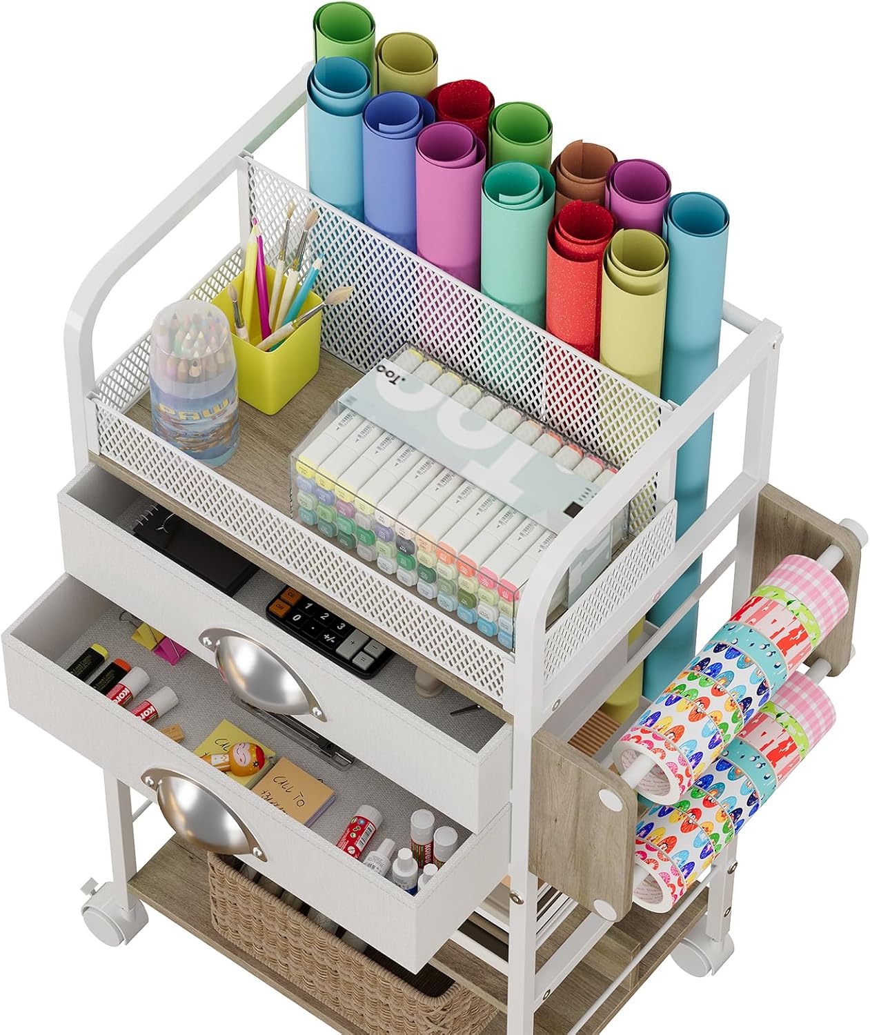 Rolling Craft Storage Cart - Multi-Tier Organizer with 2 Fabric Drawers & Lockable Wheels | 16.54x11.4x32.68 Inches