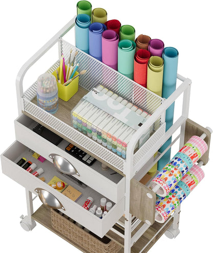 Rolling Craft Storage Cart - Multi-Tier Organizer with 2 Fabric Drawers & Lockable Wheels | 16.54x11.4x32.68 Inches