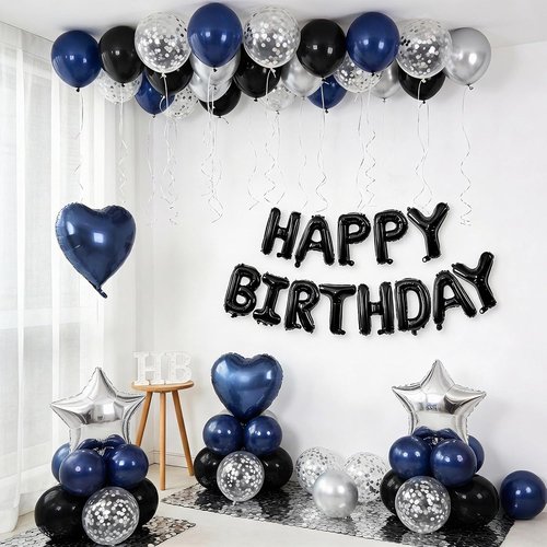 Happy Birthday Decorations | Navy Blue & Black Balloons with Silver Confetti - Perfect for Men & Women