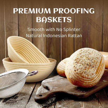 Banneton Bread Proofing Baskets set of 2, 9inch Round & 10inch Oval Sourdough Proofing Basket, Natural Handmade Rattan Basket with Bread Making Tools kit,Covers,Scoring Lame,Scraper,Brush,Dough Whisk.