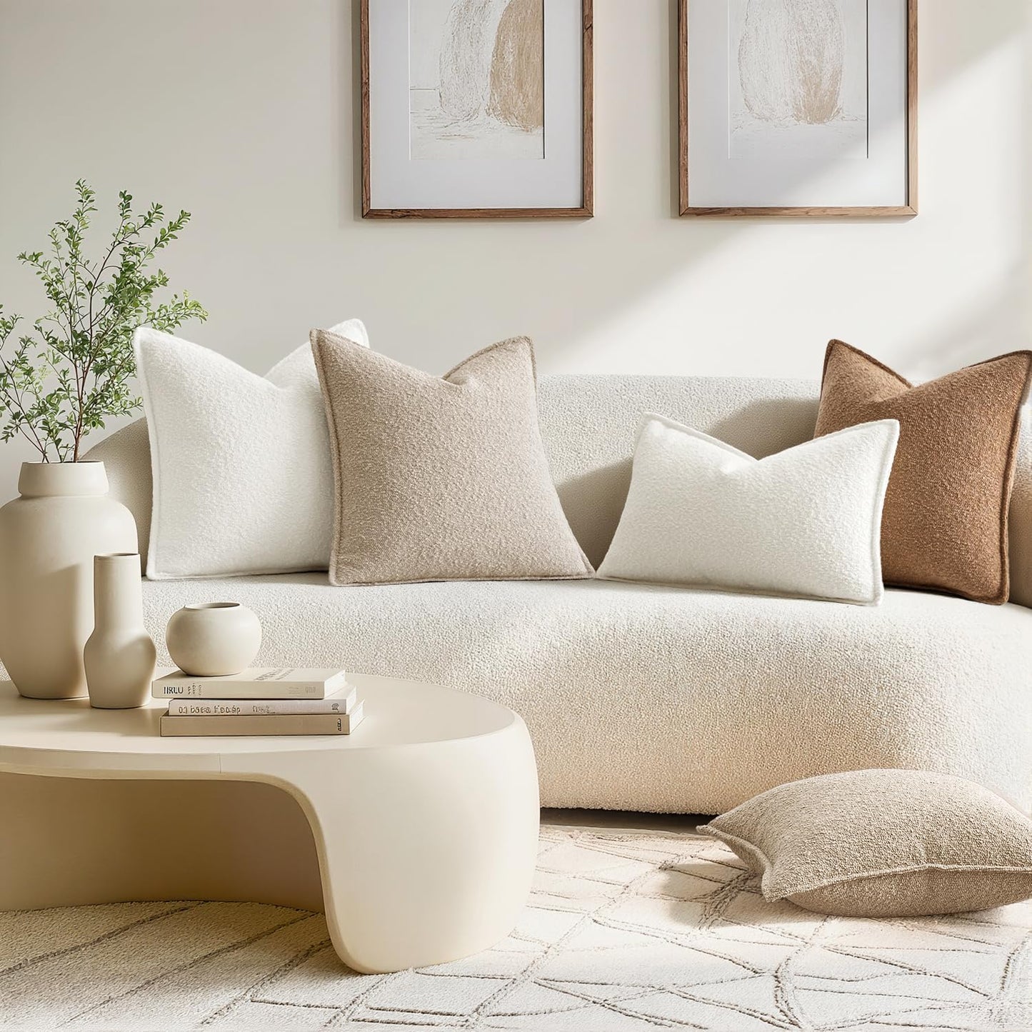 MIULEE Decorative Textured Boucle Throw Pillow Covers - 22x22 Inch White Boho Pillows for Farmhouse Decor