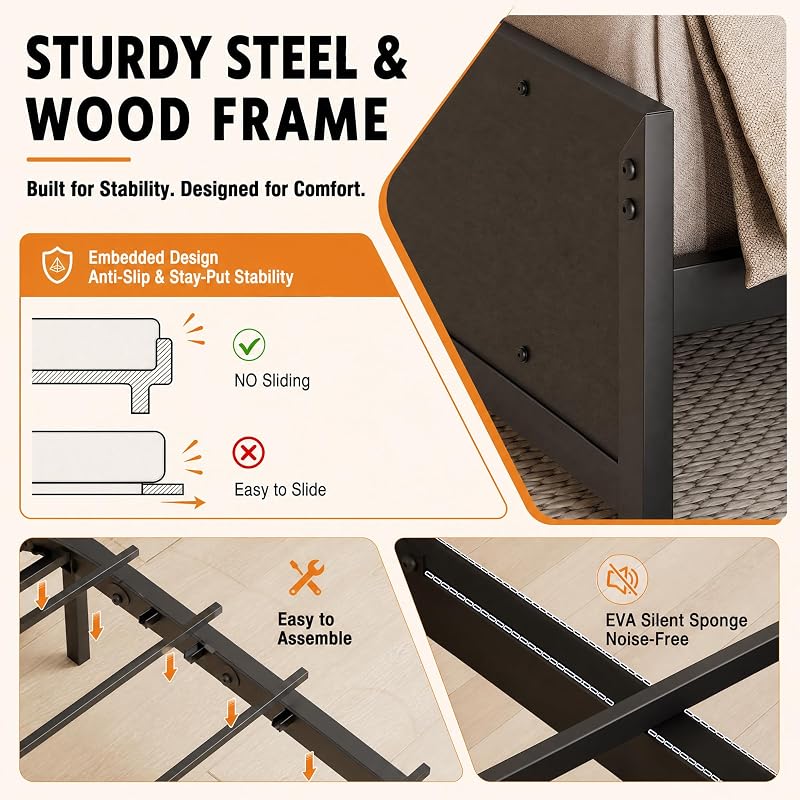 Full Size Bed Frame with Headboard, LED Light & Charging Station – Black (Variation: Black+Full)