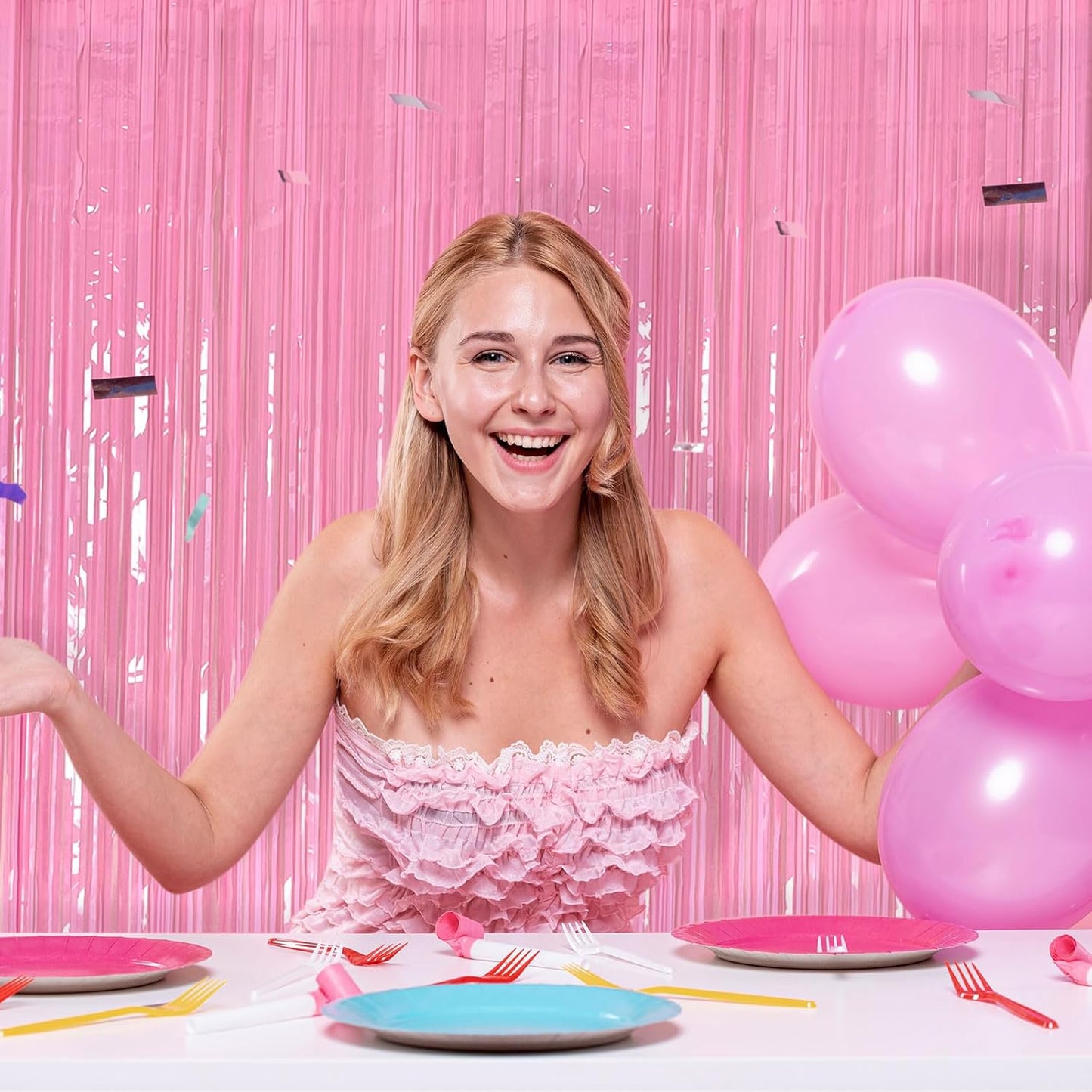 Skiennix 5 Pack Pink Tinsel Curtain - Foil Fringe Backdrop for Birthday & Graduation Parties