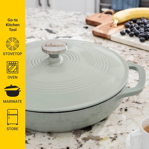 Lodge Essential Enamel Braiser - Induction-Safe & PFAS-Free Cookware - 3.5 Quart, Desert Sage - Oven Safe Up to 500°F