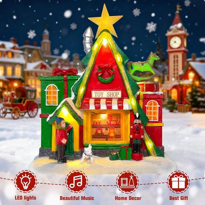 LED Lighted Musical Village House - 7.1" Triangular Christmas Decoration for Holiday Home Decor