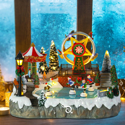 Christmas Village House Musical Christmas Collectible Buildings Amusement Park Carousel Skating Ferris Wheel with LED Lights Christmas Vacation Village with USB Indoor Figurines Decoration