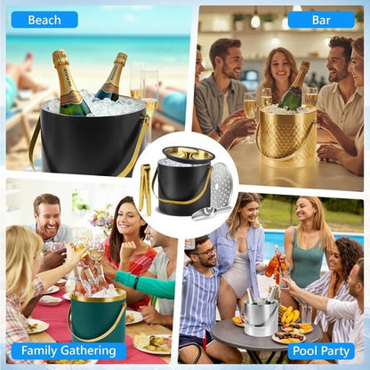 Ice Bucket, Ice Bucket with Silicone Sealing Ring Double-Wall Vacuum Insulation Champagne Buckets with Filter Layer Ice Tongs Ice Scoop (Silver, 3 L)