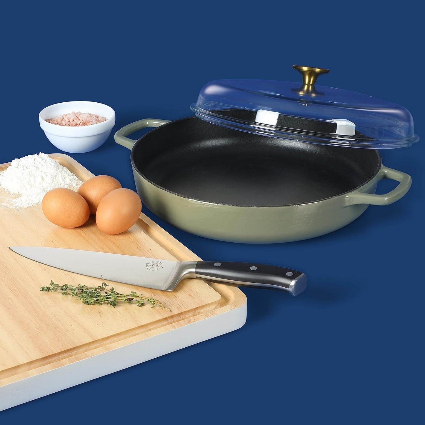 Sur La Table Enamel Cast Iron Braiser Pan - 3.75 Quart Non-Toxic Nonstick with Glass Lid | Juniper Green