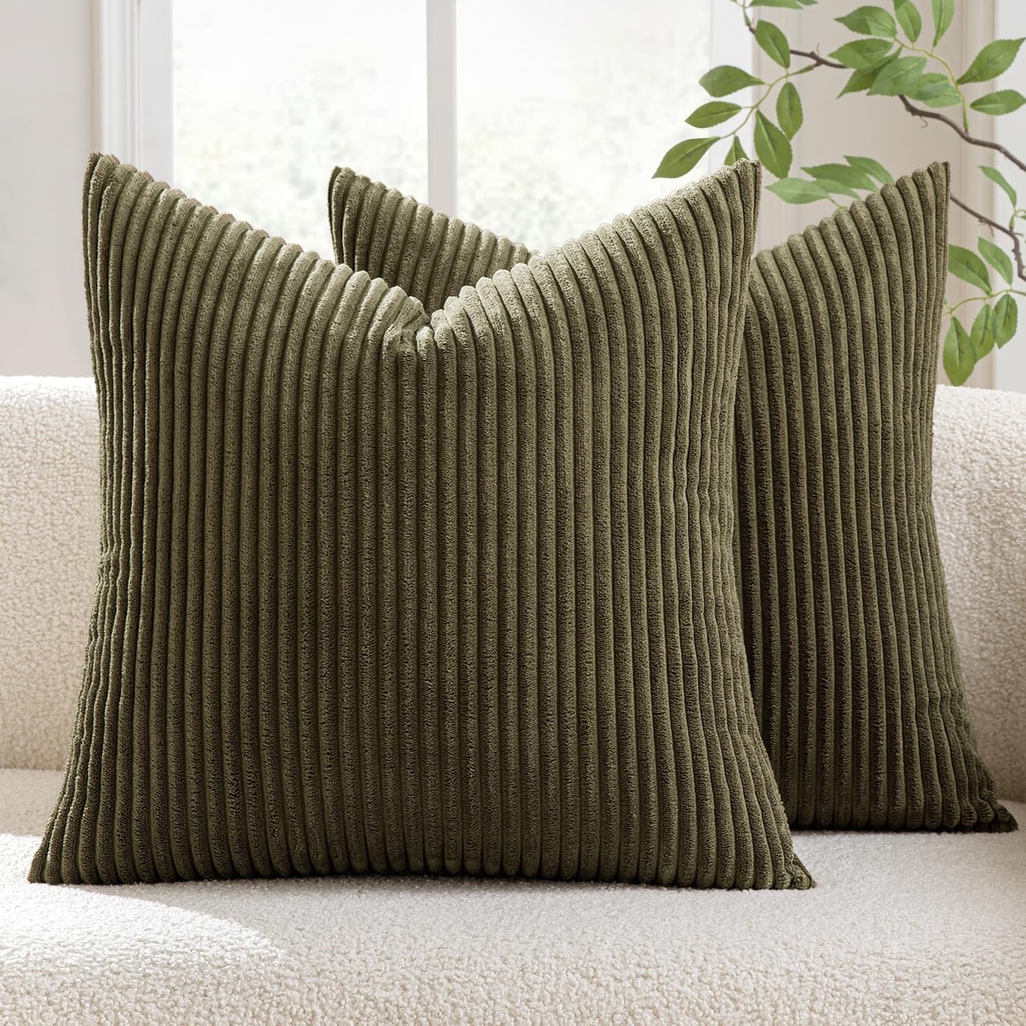MIULEE Soft Olive Green Decorative Pillow Covers - Set of 2 Square Cushion Cases | 18 x 18 Inch