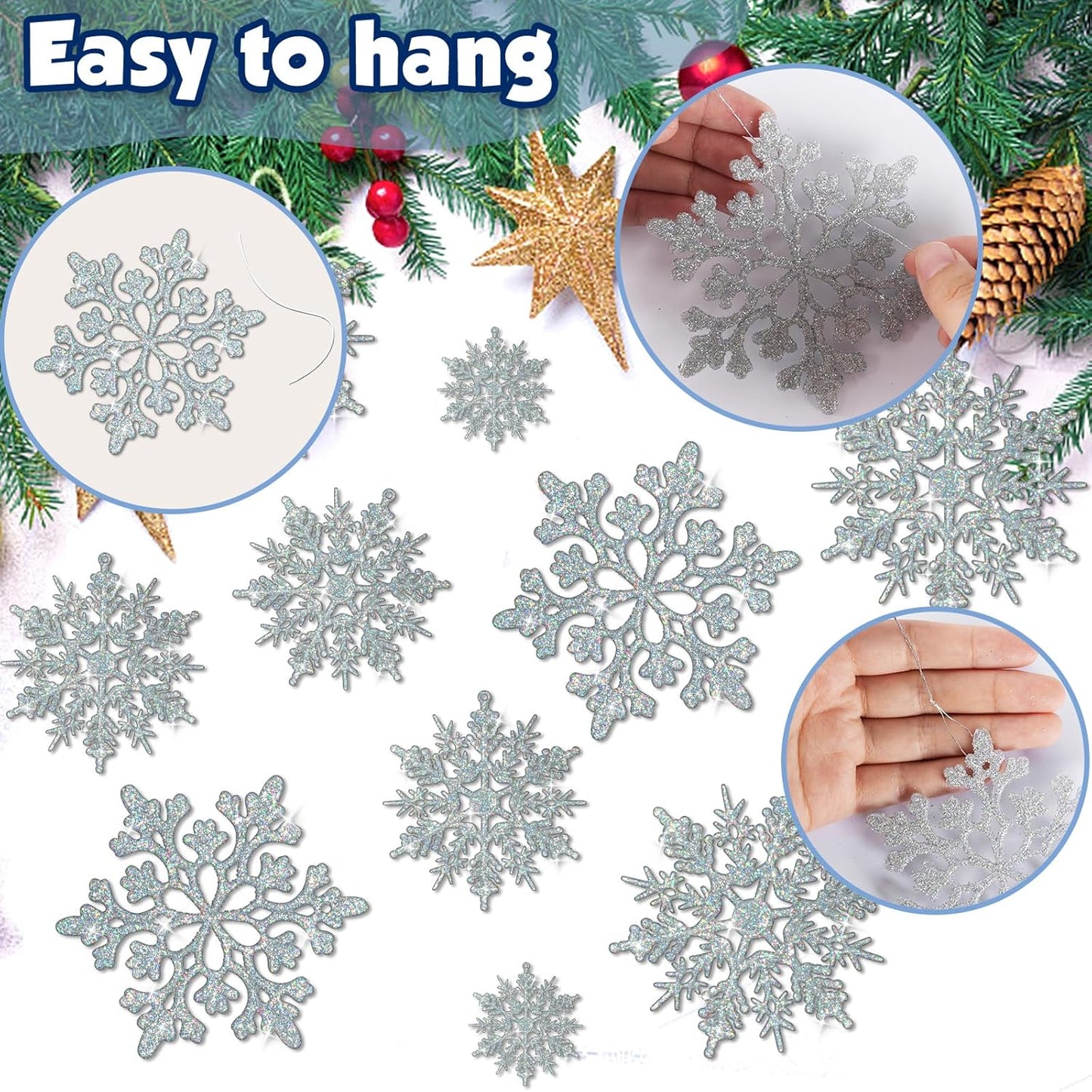 Skiennix 36-Piece Iridescent Silver Christmas Snowflake Ornaments - Sparkling Glitter Decor for Winter Wonderland Parties