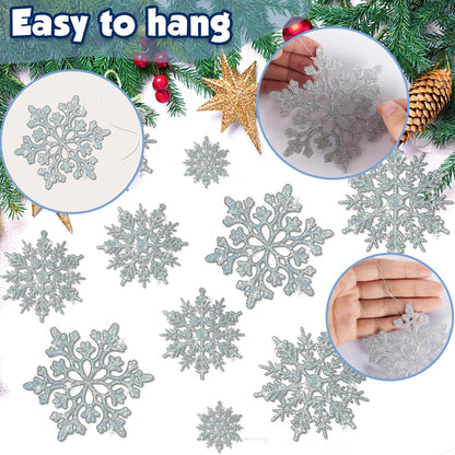 Skiennix 36-Piece Iridescent Silver Christmas Snowflake Ornaments - Sparkling Glitter Decor for Winter Wonderland Parties