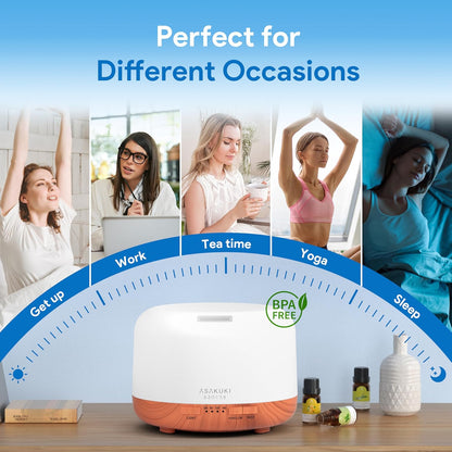 ASAKUKI Essential Oil Diffuser - 500ML Aromatherapy Humidifier with Remote Control & 7 LED Colors | Quiet Cool Mist for Home & Office