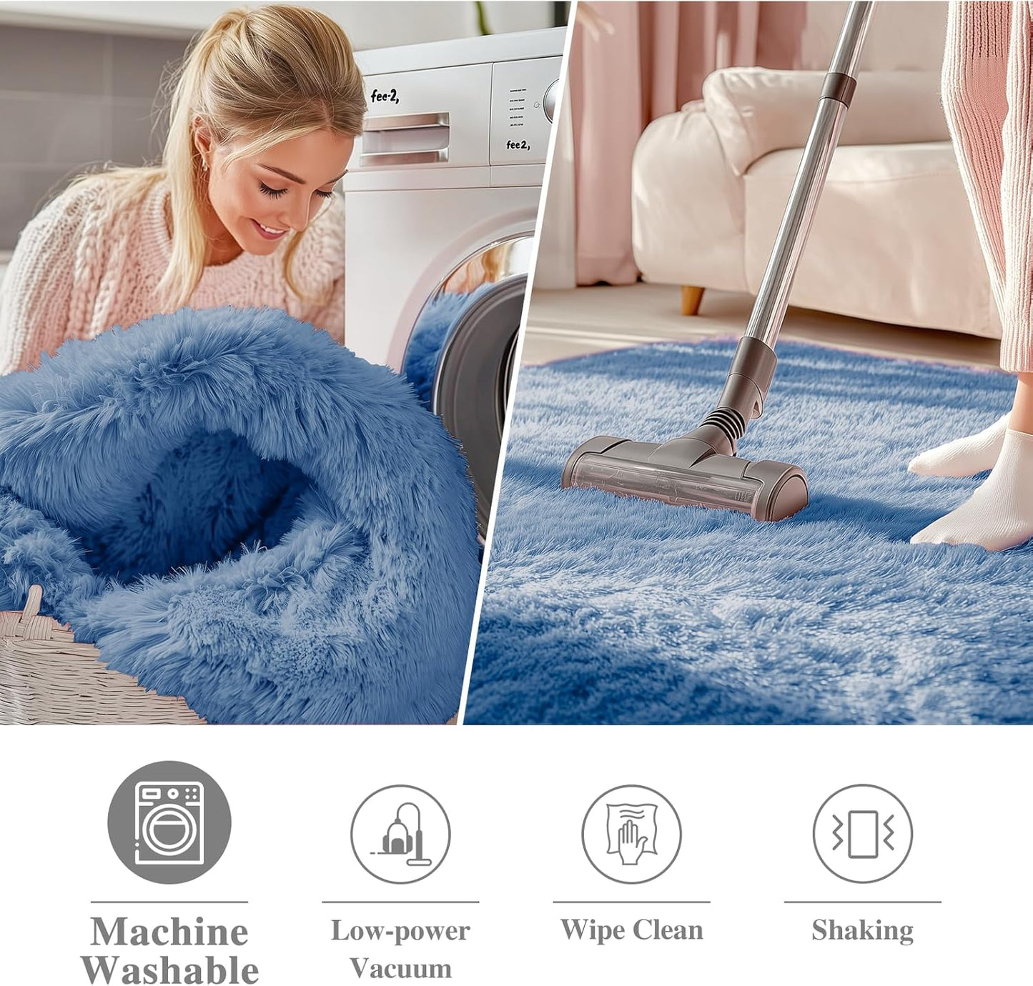 OLANLY Blue Round Area Rug - Soft, Fluffy & Machine Washable 5 ft Circle Carpet for Bedroom & Living Room