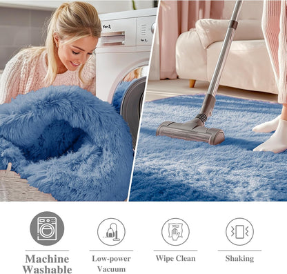 OLANLY Blue Round Area Rug - Soft, Fluffy & Machine Washable 5 ft Circle Carpet for Bedroom & Living Room
