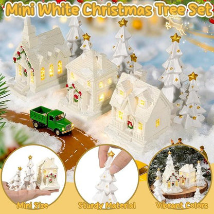Bbiamsleep Christmas Mini Village Set - 9 Pcs White Resin Houses & Trees for Festive Home Decor