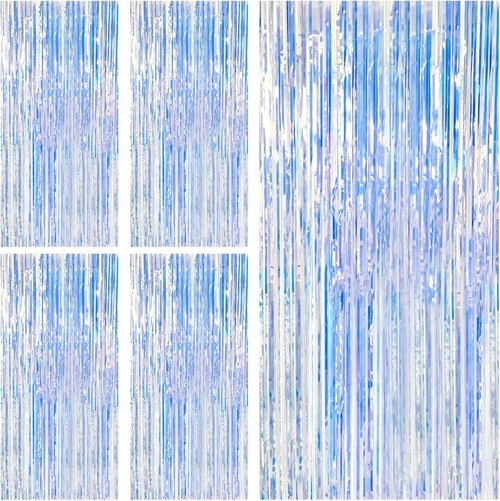 Iridescent Party Backdrop Decorations - 5 Pack Tinsel Curtain for Birthday & Graduation Events
