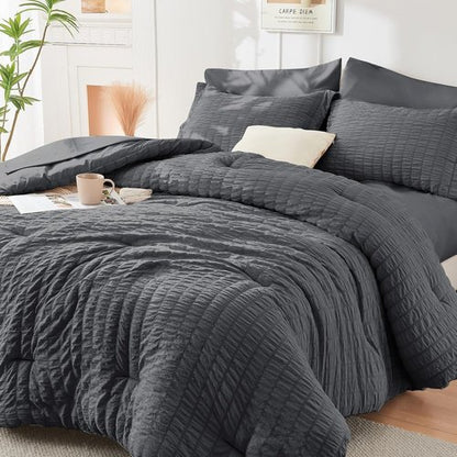HYMOKEGE Oversized Queen Comforter Set - All-Season Luxury Bedding in Dark Grey | 7-Piece Seersucker Design