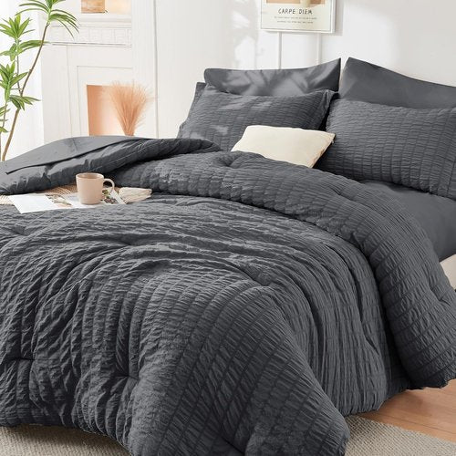 HYMOKEGE Oversized Queen Comforter Set - All-Season Luxury Bedding in Dark Grey | 7-Piece Seersucker Design