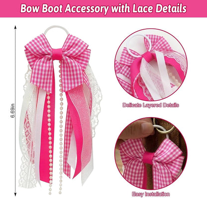 Skiennix Holiday Bow Ribbons - Festive Birthday Accessory Decor | 2 Pink Plaid Cowboy Boot Charms