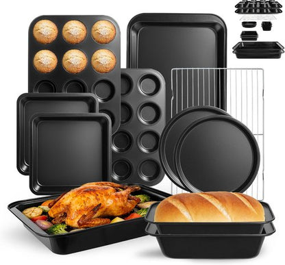 11-Piece Nonstick Baking Pans Set | Professional Grade Carbon Steel Bakeware - Dishwasher Safe, Stackable, Oven Safe to 450°F (Black)