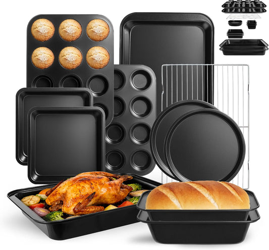Professional Grade Nonstick Baking Pans Set by [Brand Name] - 11-Piece Carbon Steel Bakeware, Dishwasher Safe & Oven Safe to 450°F (Black)
