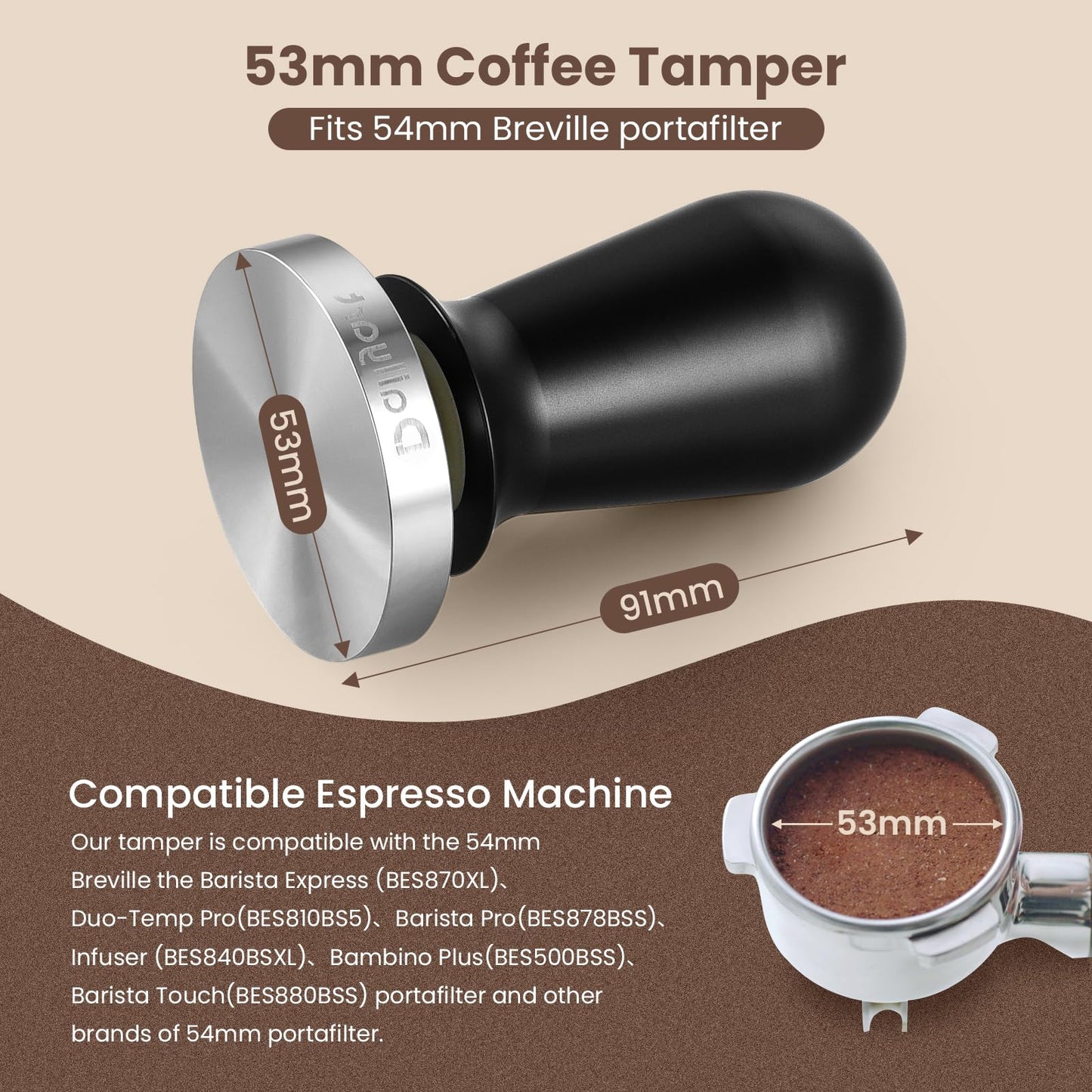 Dailyart 53mm Espresso Tamper - Spring-loaded Coffee Tamper, Barista Espresso Accessories with 30lbs Springs, 100% Flat Stainless Steel Base Tamper Fits