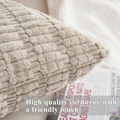Skiennix Throw Pillow Covers - Soft Boho Striped Corduroy | 18x18 Inch, 2-Pack for Modern Home Decor