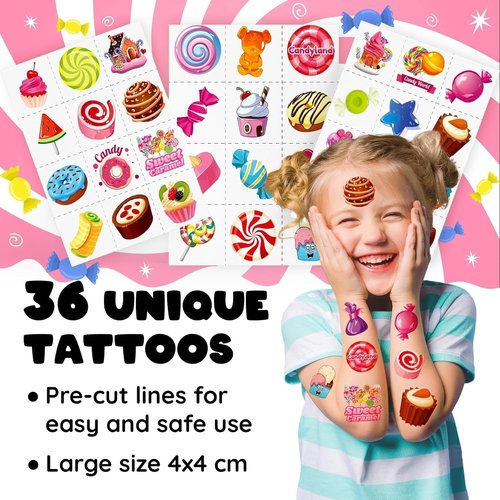 Candyland | 60 PCS Party Favors Set - 36 Temporary Tattoos & 24 Slap Bracelets for Kids, Ideal for Sweet-Themed Celebrations