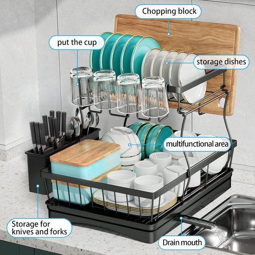 7 Code Large Dish Drying Rack - Detachable 2-Tier Kitchen Organizer with Utensil Holder | Black