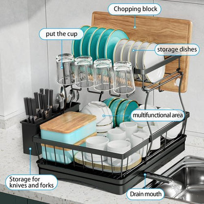 7 Code Large Dish Drying Rack - Detachable 2-Tier Kitchen Organizer with Utensil Holder | Black