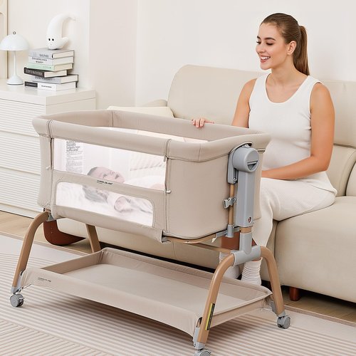 ANGELBLISS 3 in 1 Baby Bassinet, Rocking Bassinets Bedside Sleeper with Comfy Mattress and Wheels, 6 Height Adjustable Easy Folding Portable Bedside Crib for Newborn Infant (Khaki)