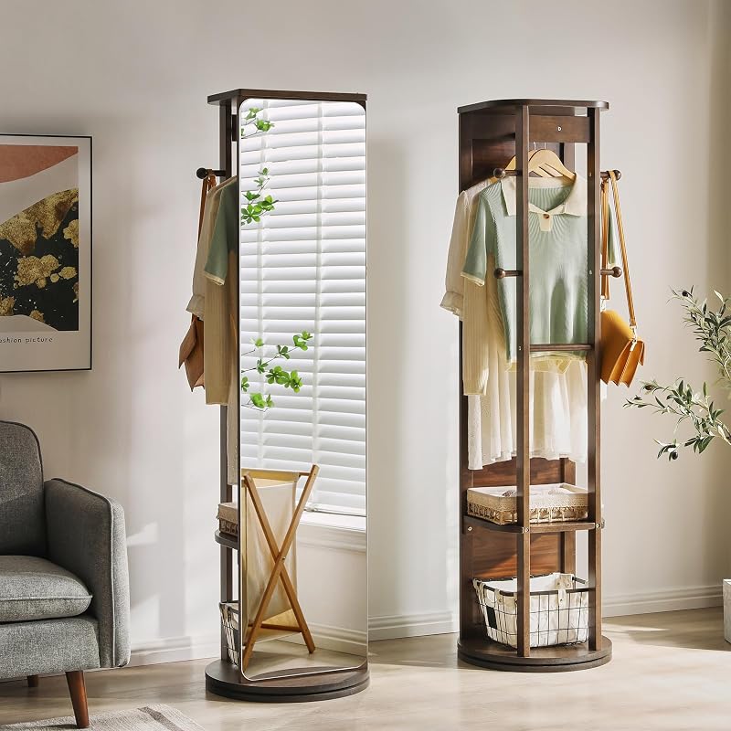 Walnut 68" L x 19" W Full Length Mirror with Coat Rack & Shelf - 360° Rotating Solid Wood