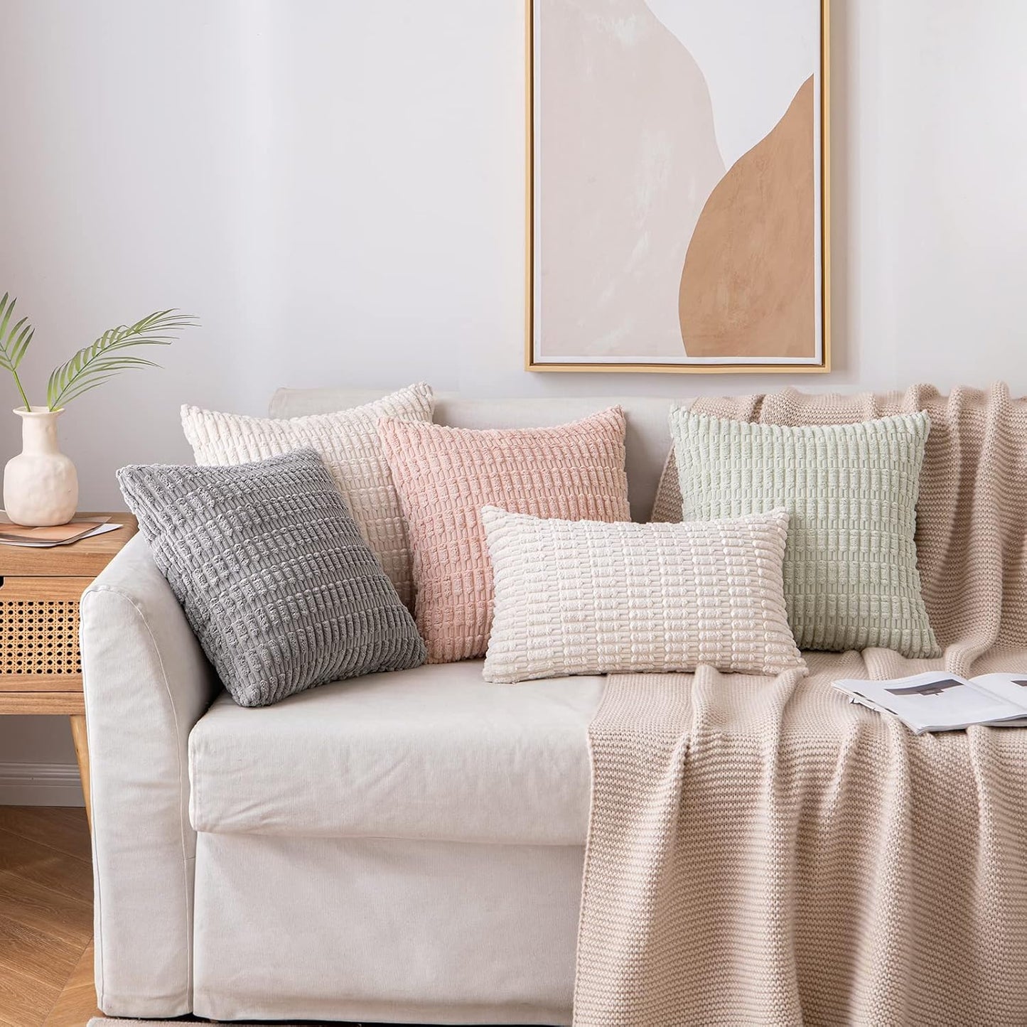 MIULEE Corduroy Lumbar Throw Pillow Covers - Soft Boho Striped Design | 22x14 Inch Cream White for Modern Home Decor
