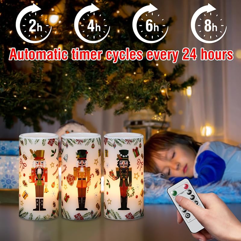 Christmas Nutcracker Flameless Pillar Candles with Remote Timer - 3 Pack