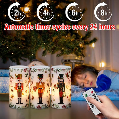 Christmas Nutcracker Flameless Pillar Candles with Remote Timer - 3 Pack