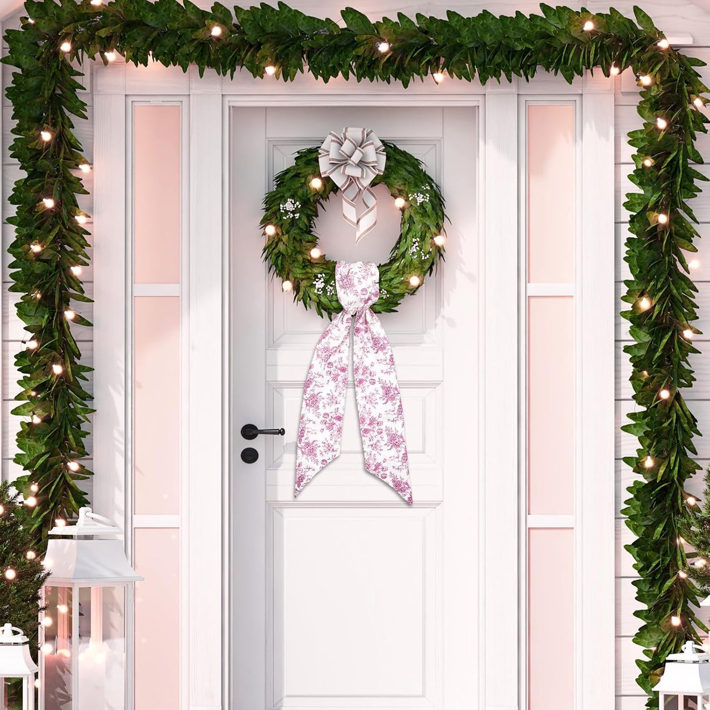Whaline Pink Flower Wreath Sash - Chinoiserie Floral Garland Ribbon for Holiday Home Decor | 2 Pieces