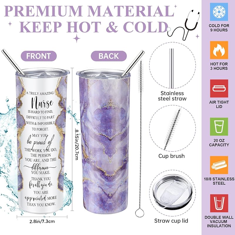 Nurse Gift Set 20 Oz Marble Tumbler, Makeup Bag & Notepad - Purple (Variation: Purple)