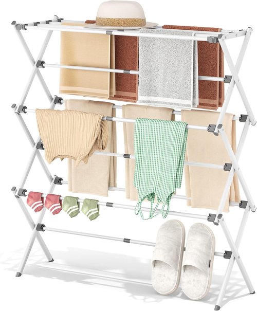 APEXCHASER 3-Tier Metal Drying Rack - Collapsible & Expandable Laundry Airer for Indoor/Outdoor Use | White