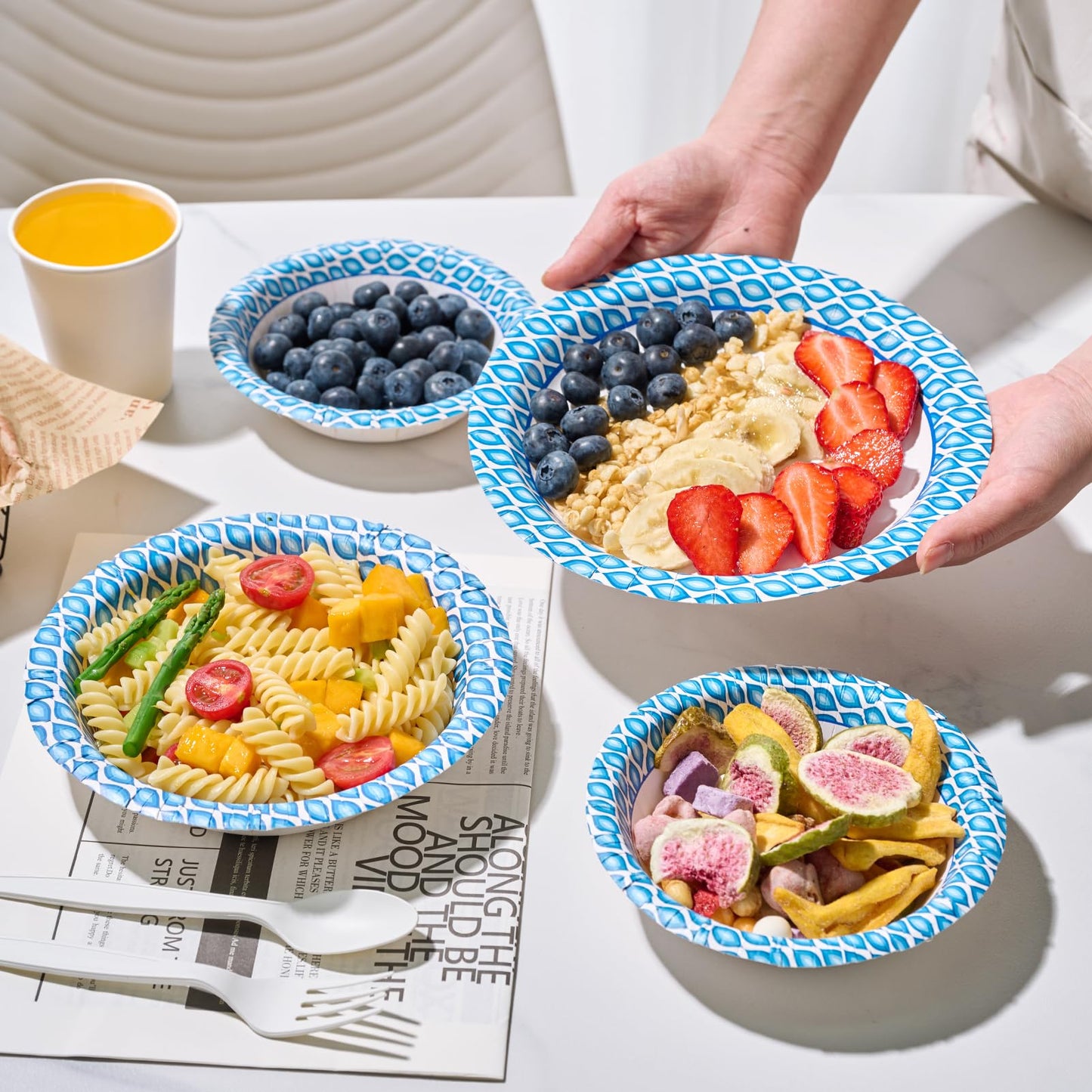 MUCHII 20 Oz Paper Bowls 180 Count Disposable Bowls, Printed Soak Proof Large Bowls for Breakfast, Lunch, and Dinner Meals