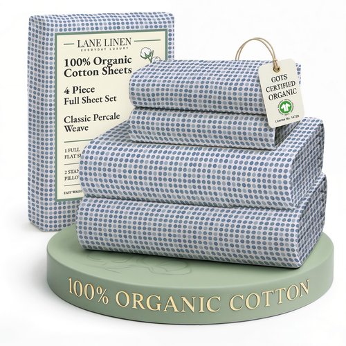 LANE LINEN 100% Organic Cotton Full Sheets Set Soft & Comfy Percale Long Staple Soft Bedding Breathable Fully Elasticized Mercerized Printed Cotton Full Size Set - Polka Dot