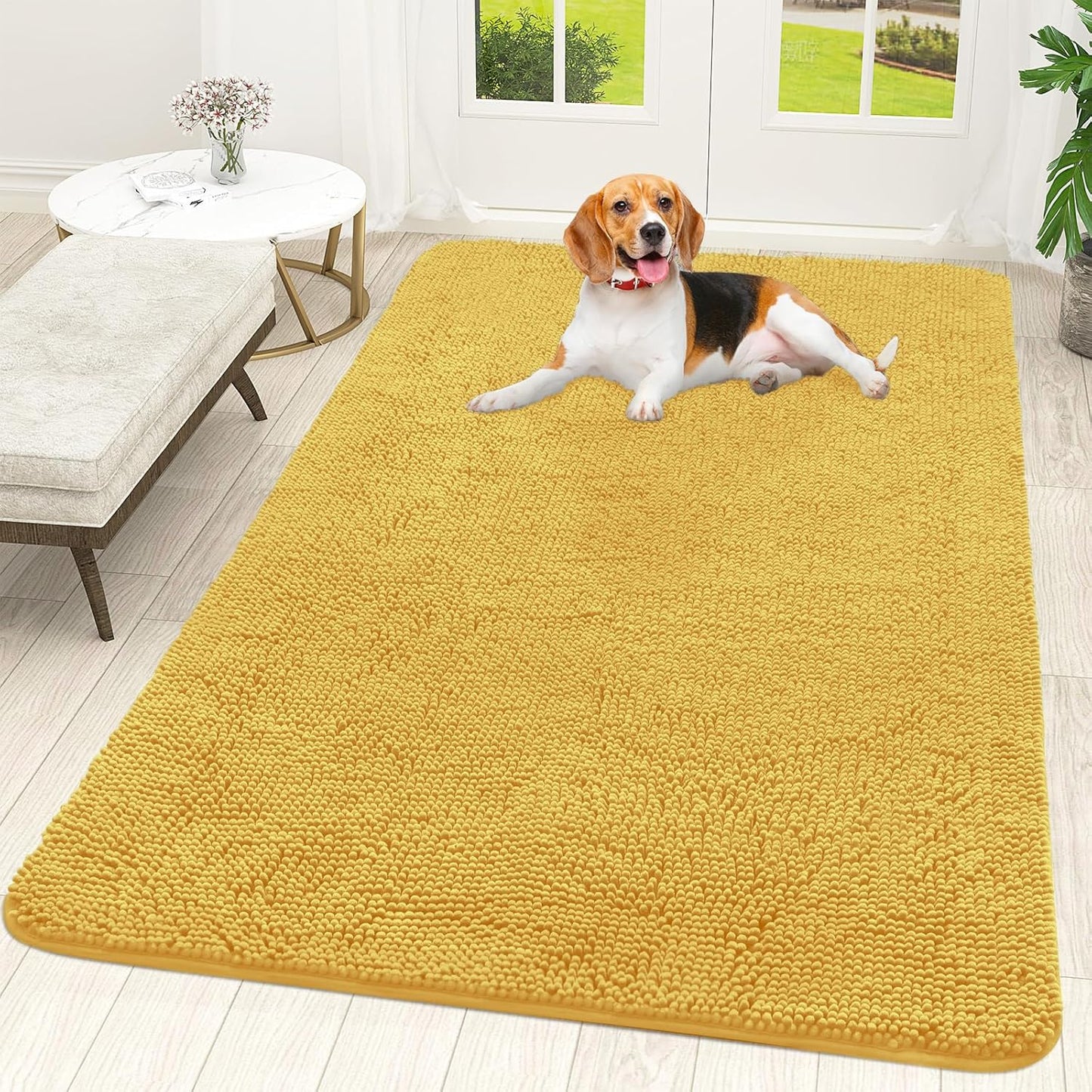 OLANLY Dog Door Mat - Absorbent Non-Slip Chenille for Muddy Paws | 59x35 Inches, Quick Dry, Yellow